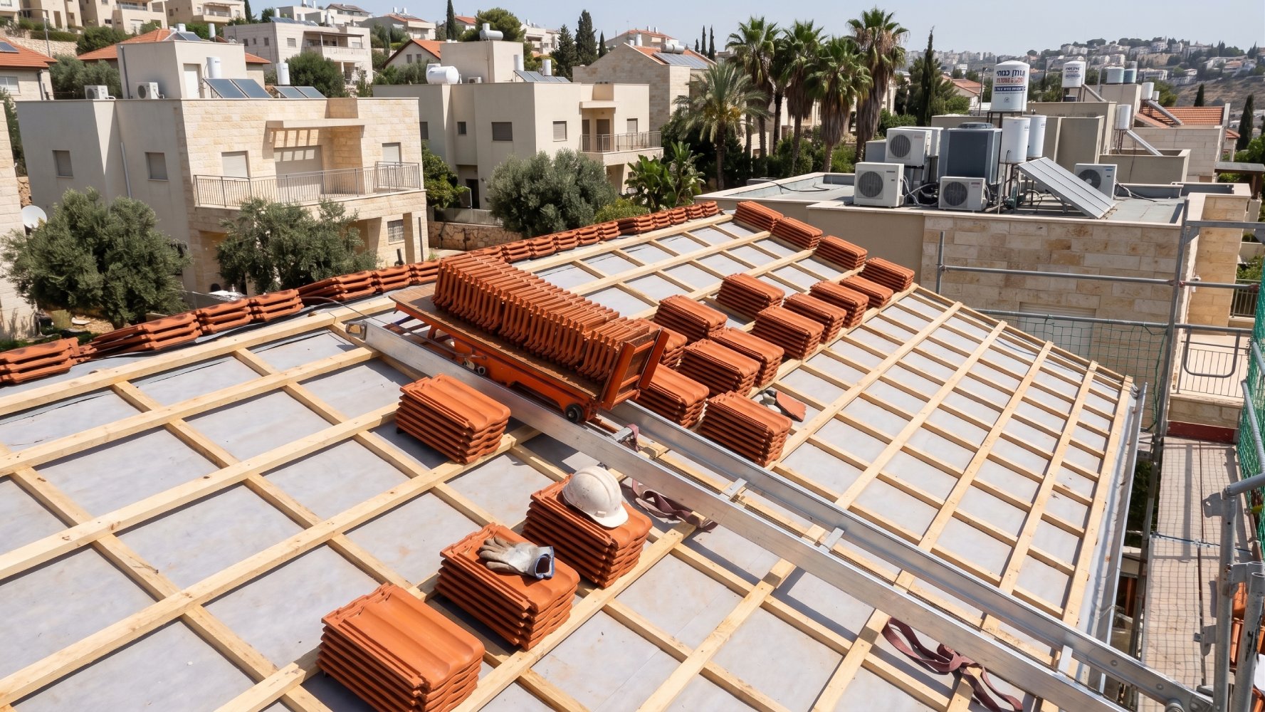 גג משופע בשלב עבודה — יריעת איטום פרוסה על המשטח, לטות עץ מעליה וערימות רעפים מוכנות להנחה