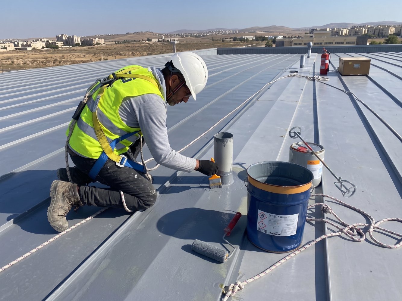 עובד ברתמת בטיחות מורח איטום נוזלי במברשת סביב צינור חודר בגג פח