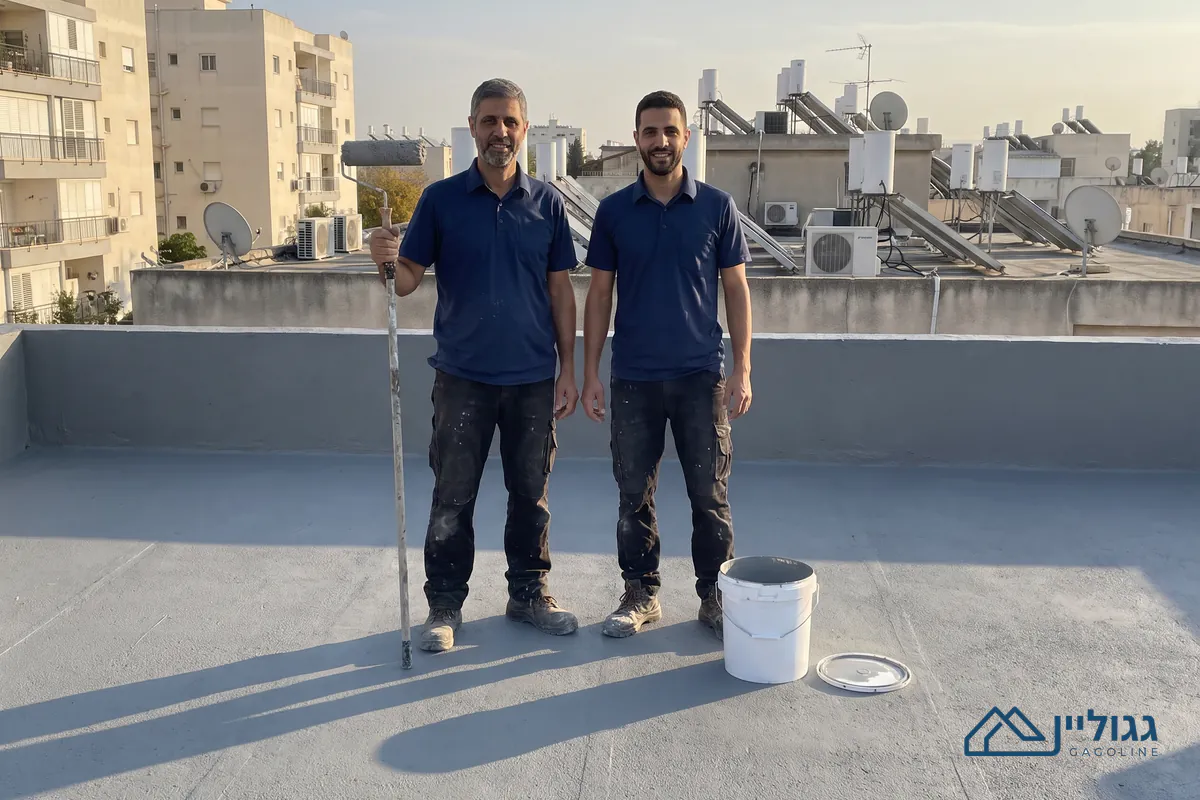 שני גברים בחולצות פולו כחולות עומדים על גג שטוח מצופה אפור, אחד אוחז רולר ובצד השני דלי לבן, ברקע מעקה ודודי שמש.