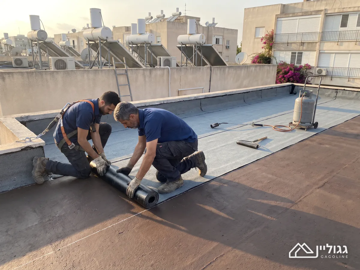 שני פועלים כורעים על גג שטוח מכוסה פריימר חום ומיישרים גליל יריעה ביטומנית לצד יריעה שכבר נפרשה, ופלטת גז ורולר מונחים על היריעה